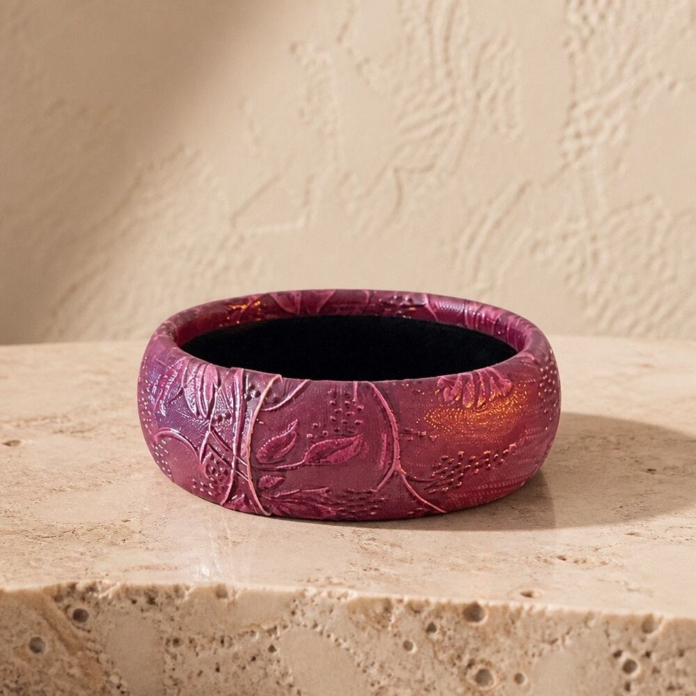 Vintage Deep Carved Purple Floral Genuine Leather Statement Bangle